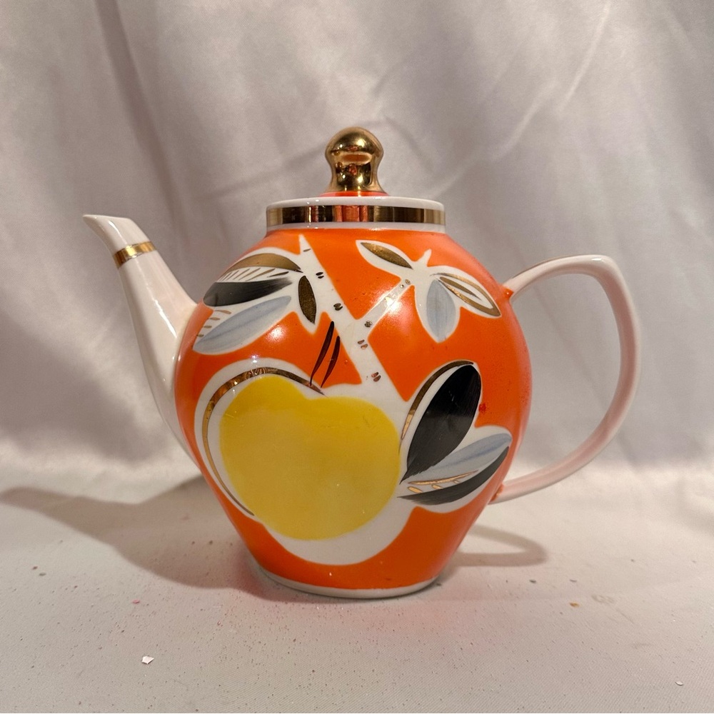 Vintage 60s Pop Atomic Orange and Yellow Porcelain Teapot Gold Trim